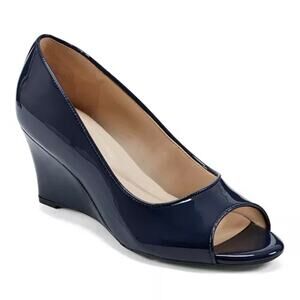 EASY‎ SPIRIT COLEEN PEEP TOE FAUX LEATHER WEDGES DARK BLUE NWOB WOMEN'S SIZE 9.5